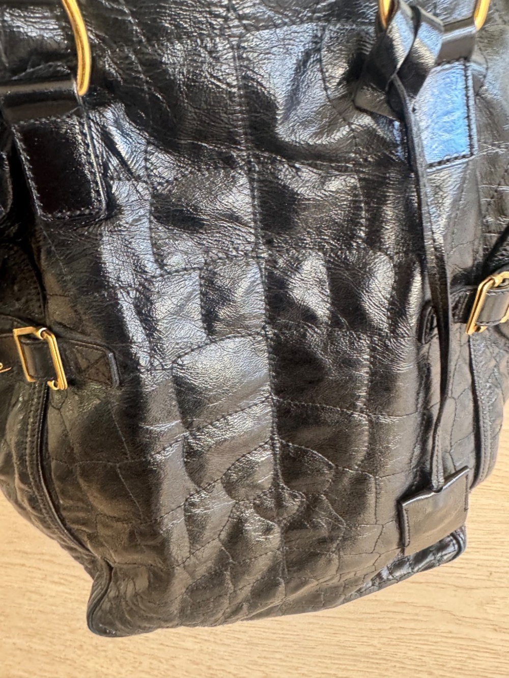 YSL Yves Saint Laurent Downtown Black Quilted Croc Embossed Patent Leather Tote - Picture 3 of 6